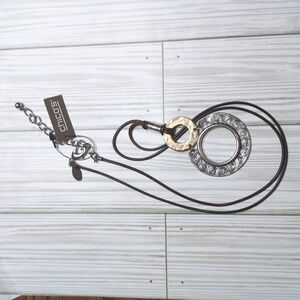 Chico's Mixed Metal Hammered Silver & Gold Tone Pendant Necklace Brown Cord NWT